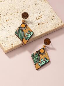 1對波西米亞木頭太陽印花菱形耳墜適合女士適用於日常生活 - 彩色 - 查看 2