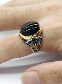 OHMMHO 1個s925銀制男士戒指,鷹及水滴形天然黑玛瑙石頭,豪華聖誕珠寶禮物 - 黑色 - 查看 6