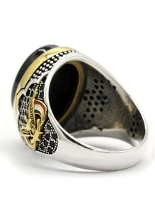 OHMMHO 1個s925銀制男士戒指,鷹及水滴形天然黑玛瑙石頭,豪華聖誕珠寶禮物 - 黑色 - 查看 4