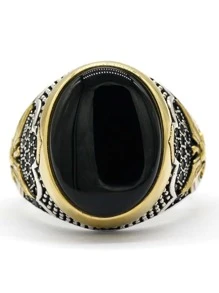 OHMMHO 1個s925銀制男士戒指,鷹及水滴形天然黑玛瑙石頭,豪華聖誕珠寶禮物 - 黑色 - 查看 3