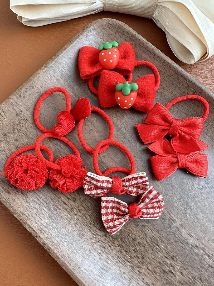 10 Buah/Set Anak Perempuan Pola Kotak-kotak Strawberry & Busur Dekorasi Ikat Rambut untuk Hiasan Rambut