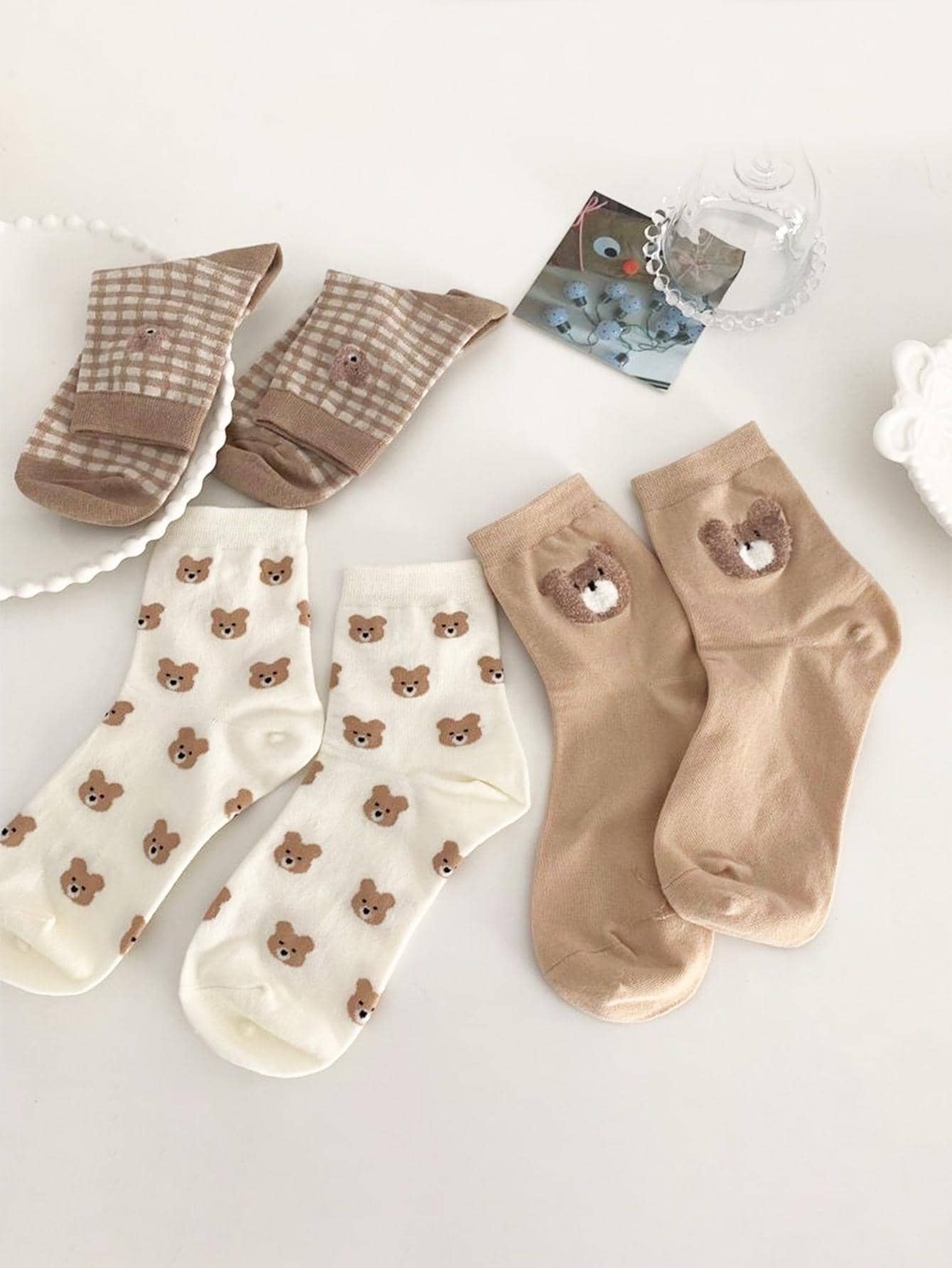 3pairs Bear Print Crew Socks - Multicolor - View 1