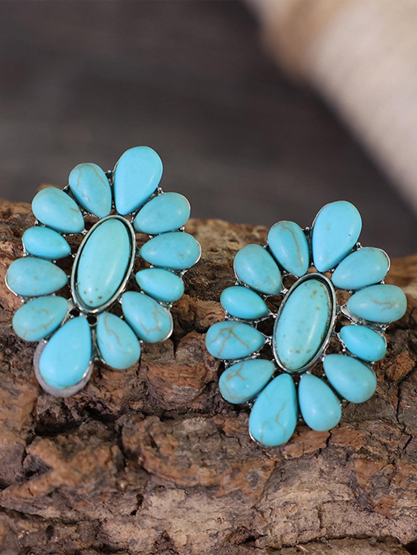 1雙時尚鋅合金綠松石色花朵設計耳釘適合女士適用於日常生活 - 綠松石色 - 查看 1