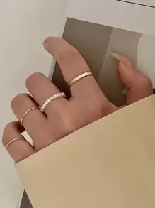 4pcs/Set Fashion Faux Pearl Decor Random Ring For Women For Dating Gift - Yellow Gold - View 1