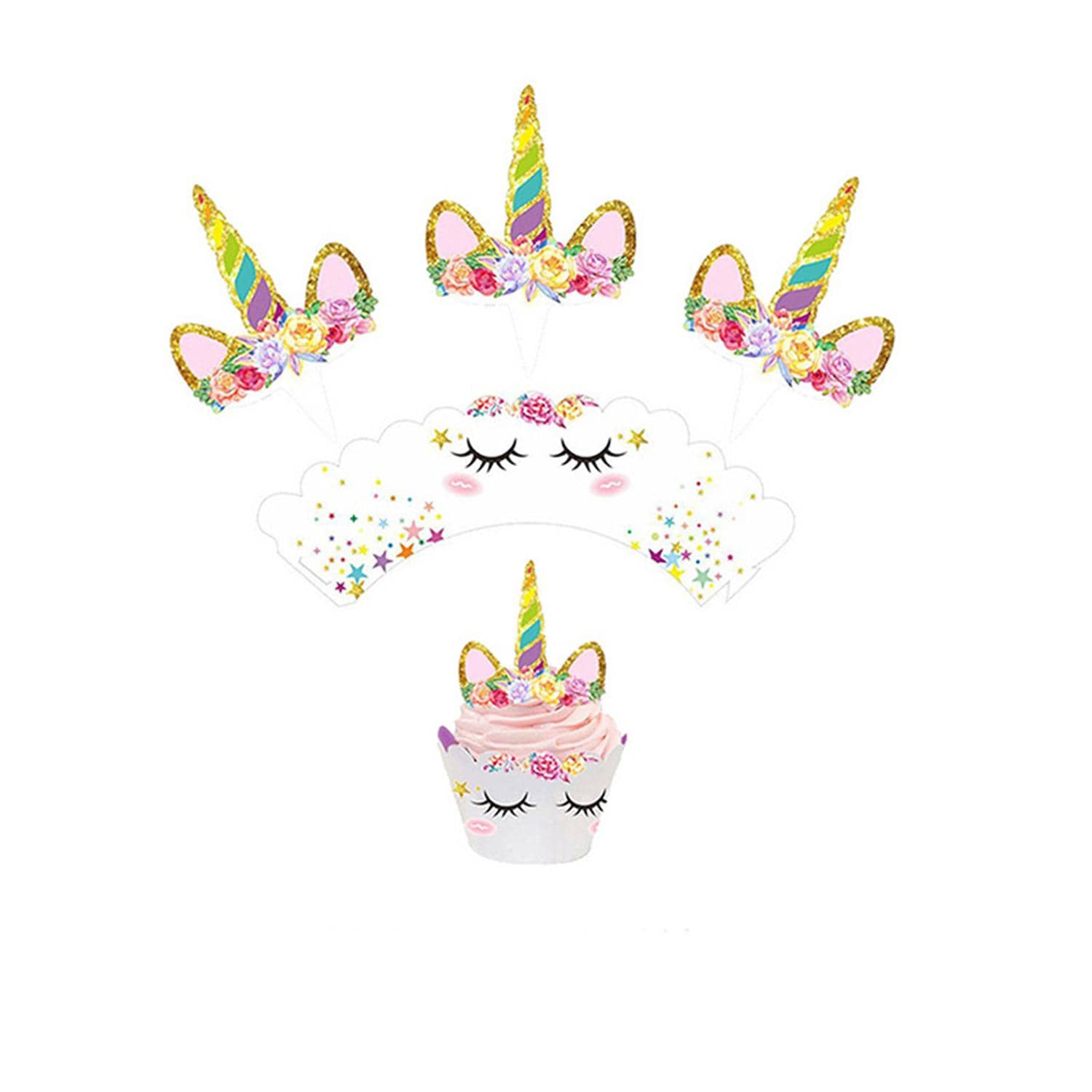 24pcs Unicorn Design Cake Topper, Creative Unicorn Design Cake Top Decoration & Cupcake Wrap Card For Party, Holiday - Multicolor - View 1