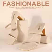 Women Square Toe Heels Sandals Chunky Two Strap Low Heels for Women Leather Mule Sandals Slip On Block Heels 2.75 Inch - 杏色正絨面革 - 查看 1