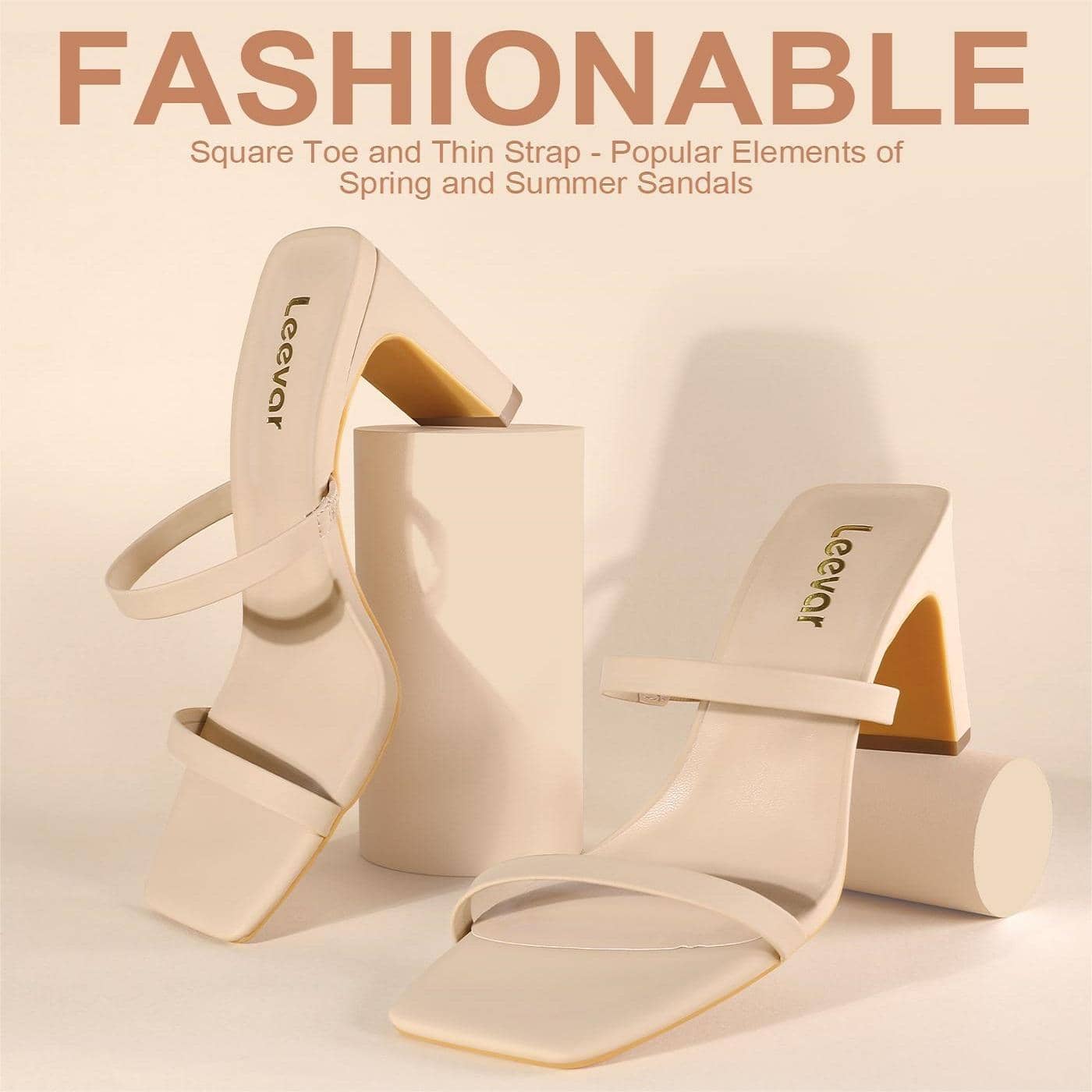 Women Square Toe Heels Sandals Chunky Two Strap Low Heels for Women Leather Mule Sandals Slip On Block Heels 2.75 Inch - 杏色正絨面革 - 查看 1