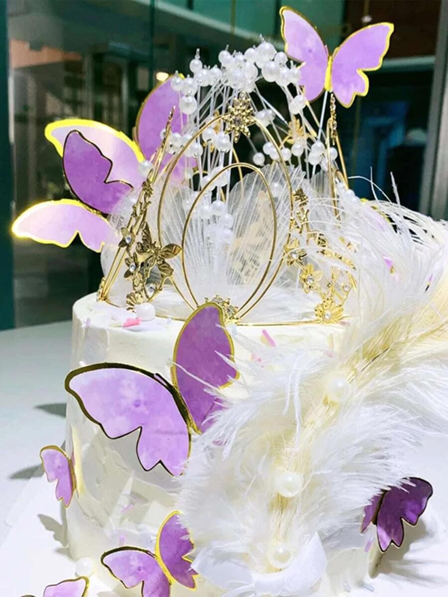 20pcs Butterfly Decoration Wedding Cake , Glitter Birthday Party Cake Decoration Supplies, Cake Smash Decoration, Photo Booth Props, Paper Cake Topper Flags Sign, Dessert Table Dress Up Supplies, Cake Decor Supplies, Party Decor Supplies - Purple - View 1