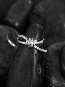 1 件時尚結設計圓形方晶鋯石戒指白色情人節約會女士驚喜禮物 - 銀色 - 查看 3