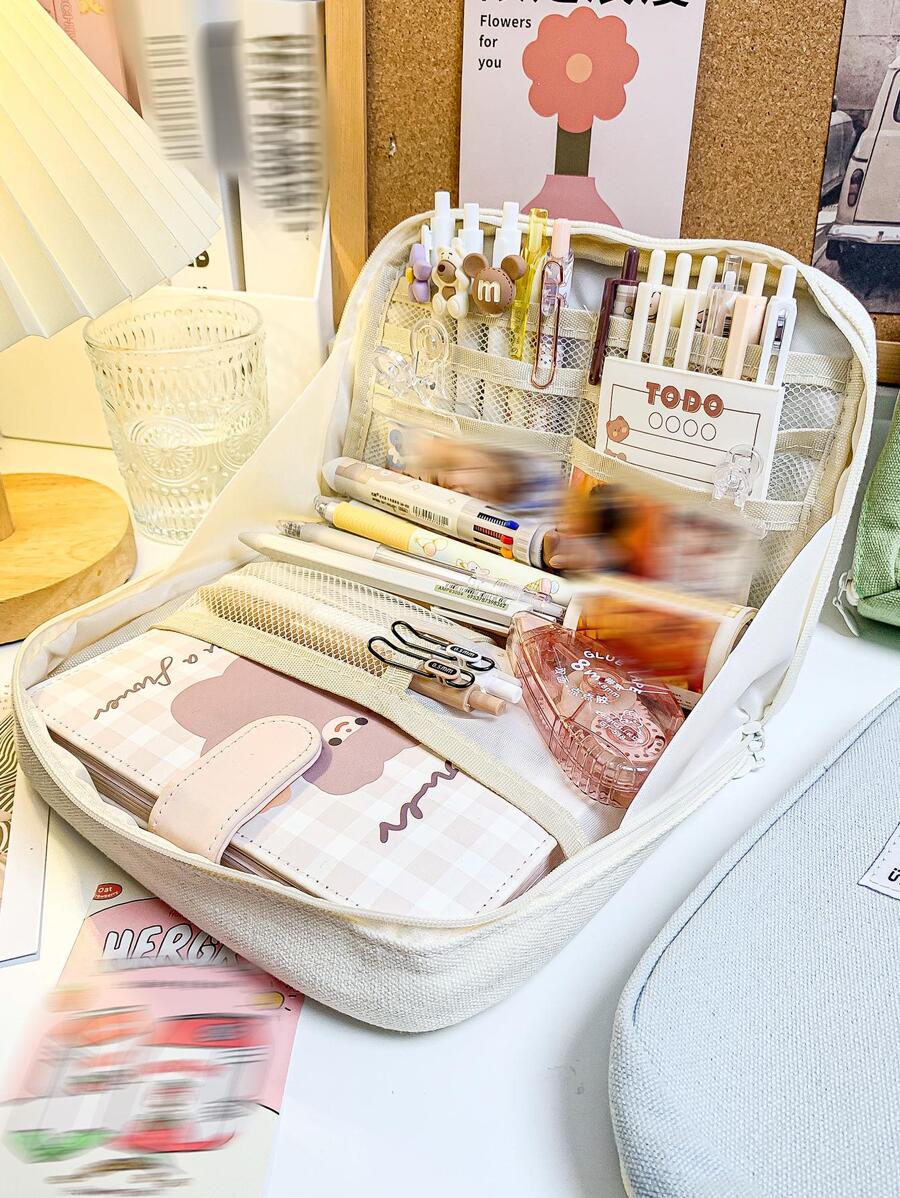 MOKA 1入組素色鉛筆簡約風文具收納袋適用於學生 - 米色 - 查看 1