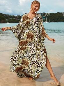 Leopard & Zebra Striped Print Batwing Sleeve Split Hem Cover-Up Caftan Dress - Multicolor - View 3
