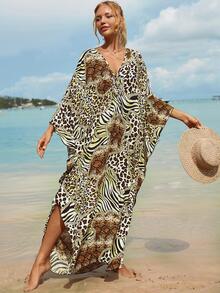 Leopard & Zebra Striped Print Batwing Sleeve Split Hem Cover-Up Caftan Dress - Multicolor - View 4