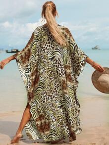 Leopard & Zebra Striped Print Batwing Sleeve Split Hem Cover-Up Caftan Dress - Multicolor - View 7