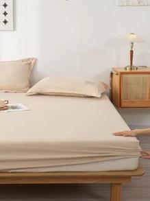 1pc Plain Fitted Sheet, Simple Fabric Fitted Bottom Sheet For Home - Khaki - View 7
