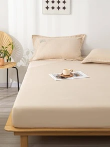 1pc Plain Fitted Sheet, Simple Fabric Fitted Bottom Sheet For Home - Khaki - View 6