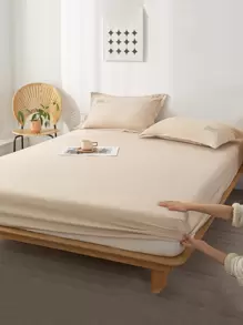 1pc Plain Fitted Sheet, Simple Fabric Fitted Bottom Sheet For Home - Khaki - View 1