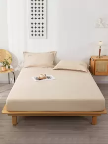 1pc Plain Fitted Sheet, Simple Fabric Fitted Bottom Sheet For Home - Khaki - View 2