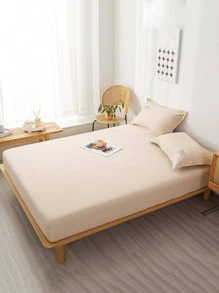 1pc Plain Fitted Sheet, Simple Fabric Fitted Bottom Sheet For Home - Khaki - View 5