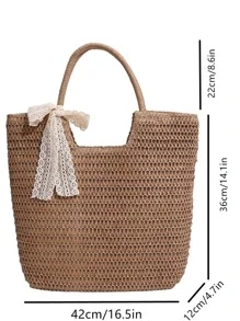 1pc Large Capacity Woven Rattan Handbag,Solid Color Summer Beach Bag For Ladies,School Bag,Portable,Large Capacity,Lightweight,For Teen Girls Women College Students,College,Middle School,High School,Outdoors,Travel,Outings,Work,Business,Commute,Holiday,Teacher Gifts, Eye-Catching Beach Bag Summer, Summer Straw Beach Bag For Women