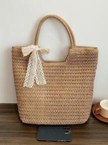 1pc Large Capacity Woven Rattan Handbag,Solid Color Summer Beach Bag For Ladies,School Bag,Portable,Large Capacity,Lightweight,For Teen Girls Women College Students,College,Middle School,High School,Outdoors,Travel,Outings,Work,Business,Commute,Holiday,Teacher Gifts, Eye-Catching Beach Bag Summer, Summer Straw Beach Bag For Women