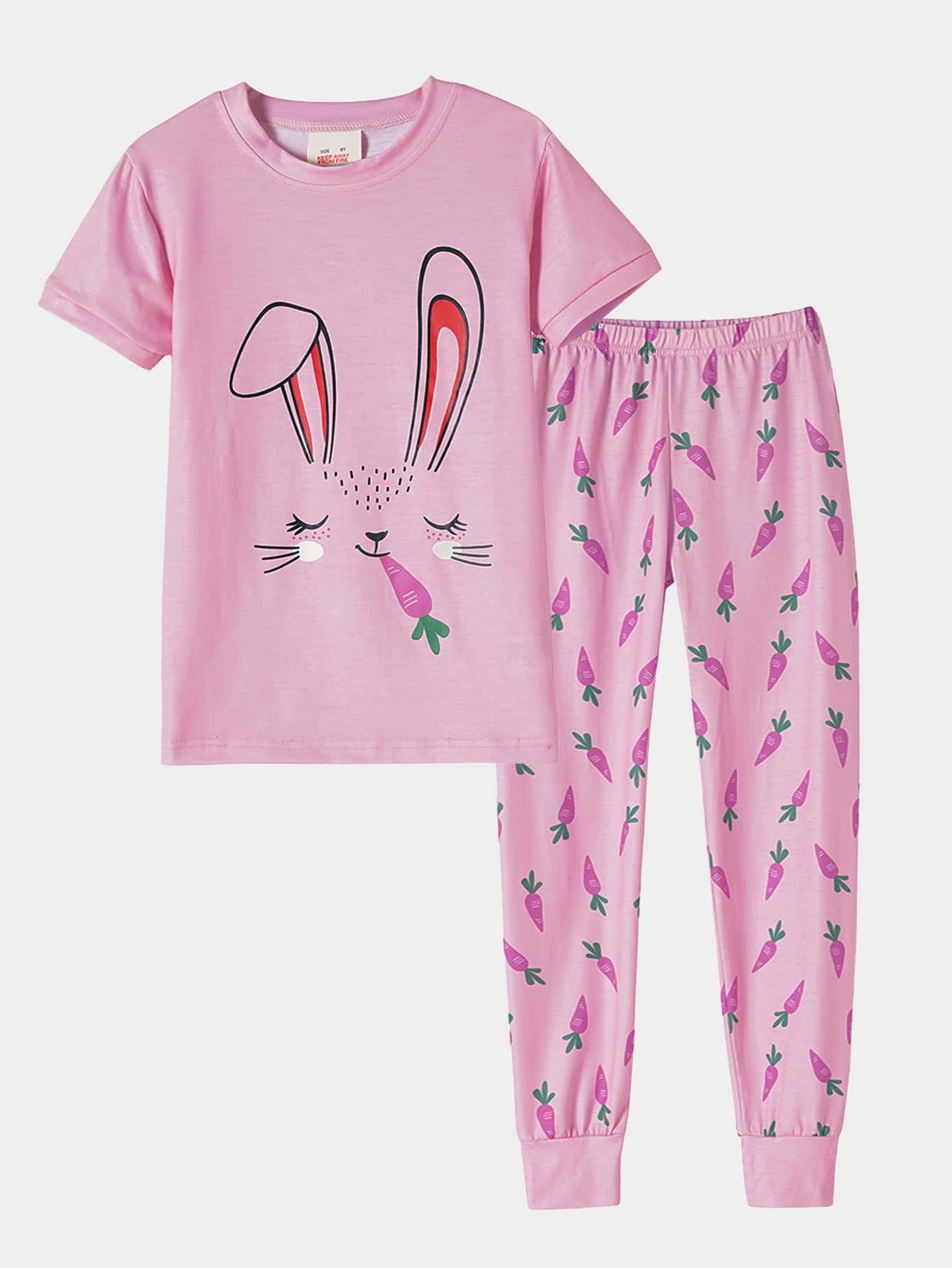 Girls Cartoon Graphic Tee & Carrot Print Trousers Snug Fit PJ Set - Baby Pink - View 1