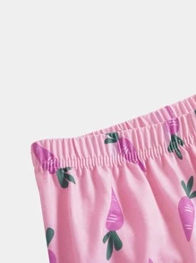 Girls Cartoon Graphic Tee & Carrot Print Trousers Snug Fit PJ Set - Baby Pink - View 4