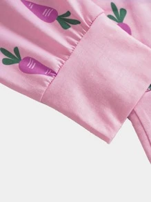 Girls Cartoon Graphic Tee & Carrot Print Trousers Snug Fit PJ Set - Baby Pink - View 5