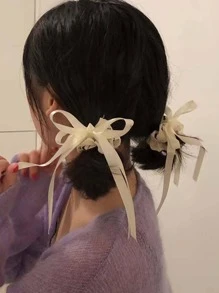 2个装女士蝴蝶结装饰时尚发圈，可爱情人节发绳，马尾辫发圈，发圈，橡皮筋发圈，发绳，弹性发圈，礼物发饰，头饰，弹性发带 - 白色 - 查看 7