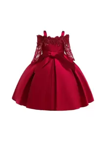 Elegant Satin Lace Waist Bow Decor Dress For Young Girls, Suitable For Birthday Party, Excluding Headband