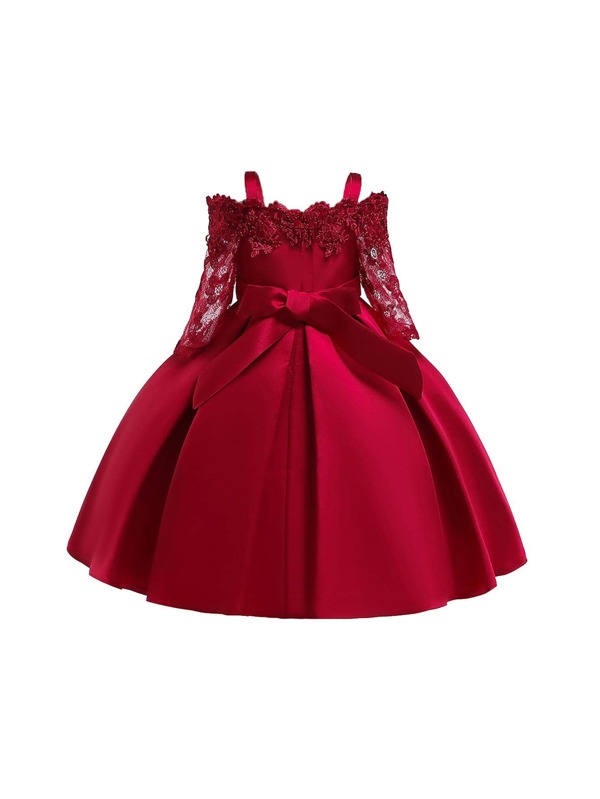 Young Girl Party Dress With Solid Satin Fabric, Lace Waist And Bow