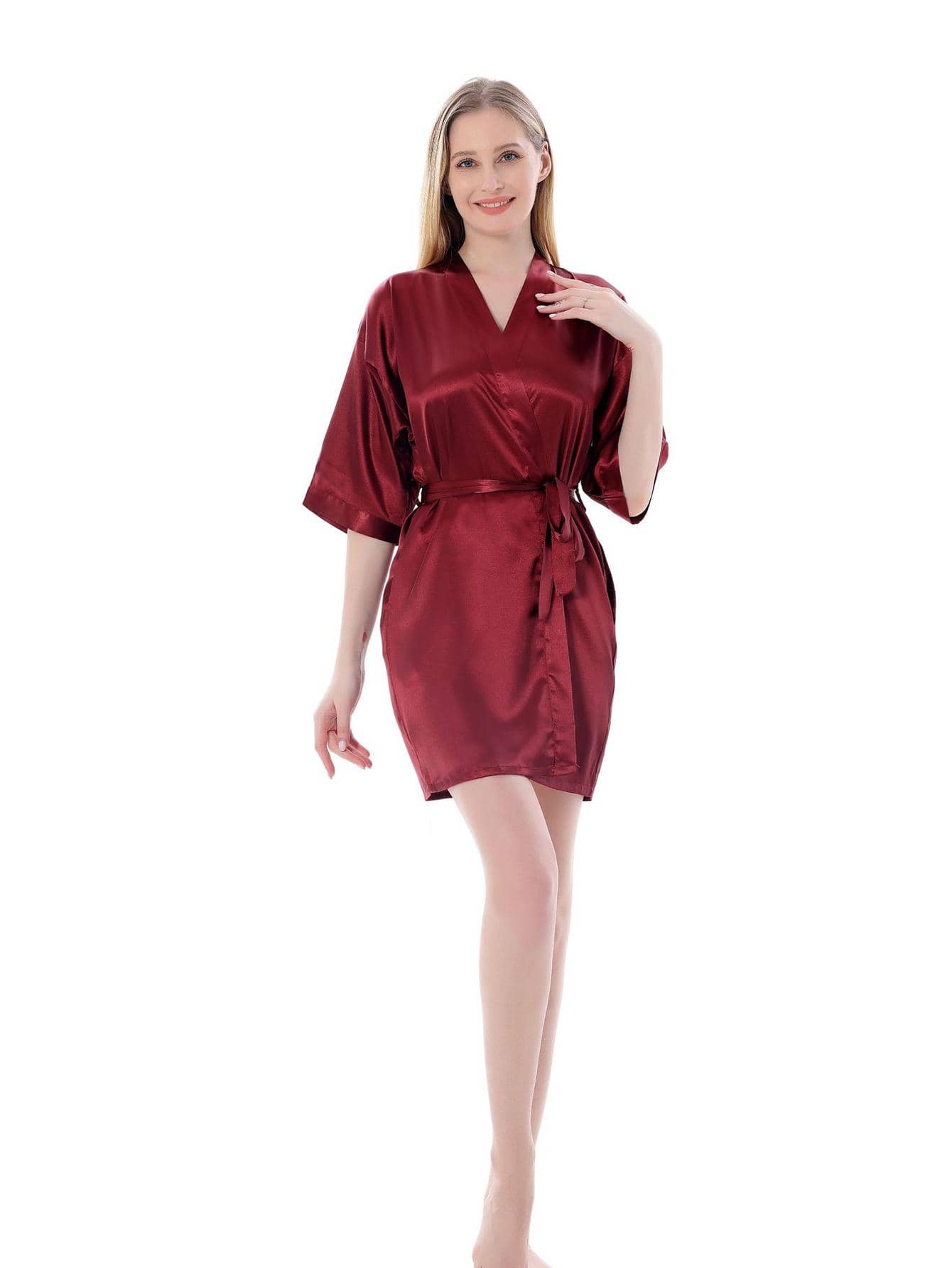 1pc Burgundy Kimono Robe Sleepwear - Burgundy - View 1