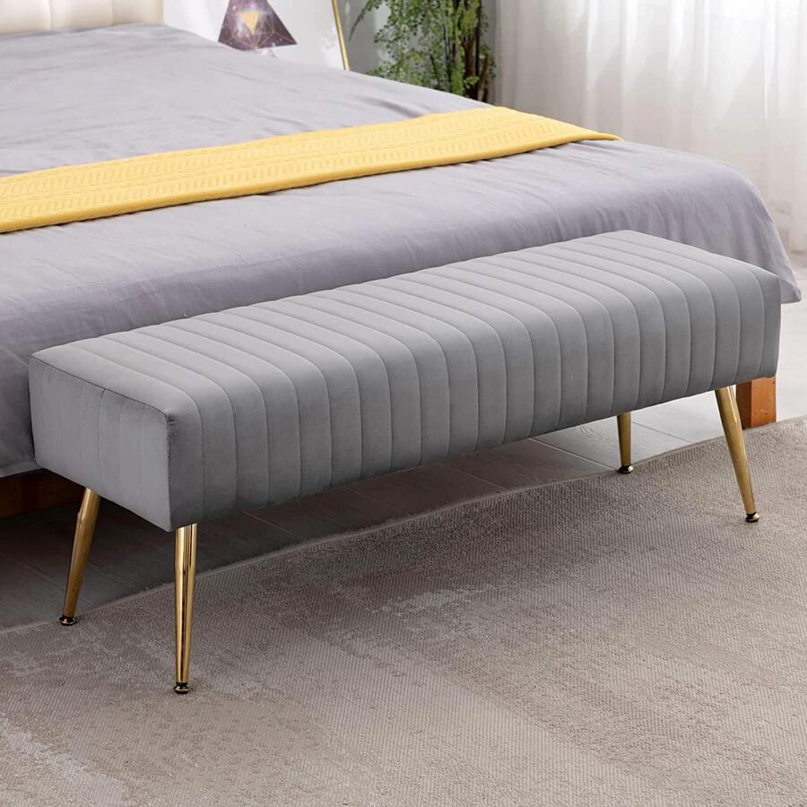 Fumahaus 44.75" Gray End Of Bed Bench Modern Tufted Velvet Ottoman Bench With Gold Legs Upholstered Vanity Bench Luxurious Entryway Bench For Living Room Bedroom Hallway Room Decor - 灰色 - 查看 1