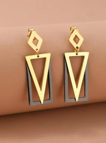 Stainless Steel Earrings Black Rectangle Inverted Triangle Simple Design Goth Punk Fashion Pendants Earrings For Women Jewelry - Gold - View 2