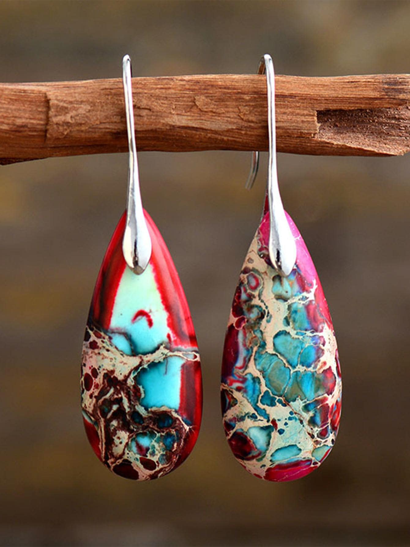 1 đôi Bông tai đá Hoàng đế hình giọt nước phong cách Bohemian - Đỏ - Xem 1