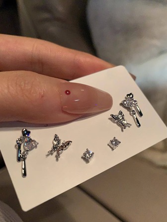 6pcs/set Rhinestone Butterfly Decor Mismatched Earrings