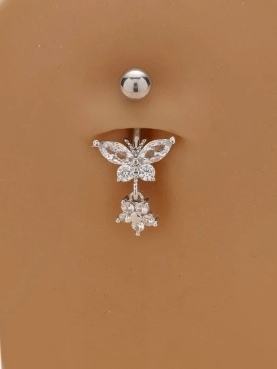 1 件迷人方晶锆石蝴蝶和花朵装饰肚脐环，适合女士日常珠宝配饰情人节、妈妈、母亲、母亲节、礼物