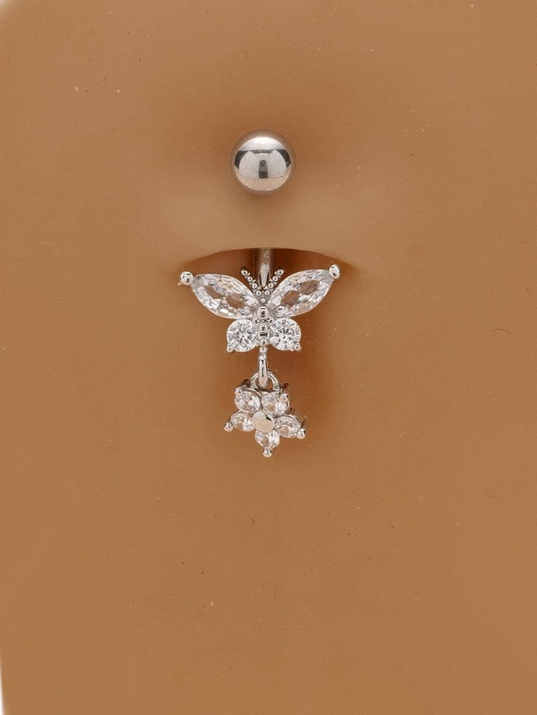 1 Peça Anel de Umbigo Decorativo com Borboleta e Flor de Zircônia Cúbica Glamoroso para Mulheres, Acessório de Jóias Diário, Dia dos Namorados, Dia das Mães, Presente