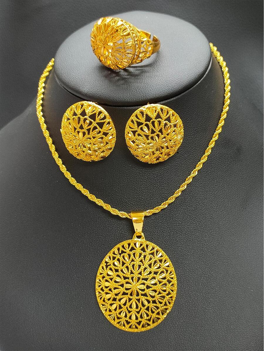 4入组/套奢華鏤空圓形裝飾首飾套裝適合女士適合派對舞會 - 金黃色 - 查看 1