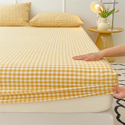 1pc Plaid Pattern Fitted Sheet, Modern Fabric Fitted Bottom Sheet For Bedroom