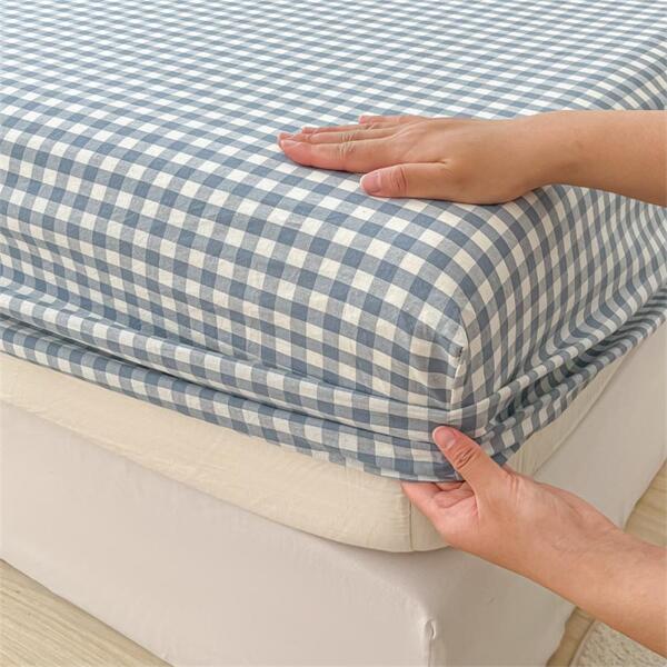 1pc Plaid Pattern Fitted Sheet, Modern Fabric Fitted Bottom Sheet For Bedroom
