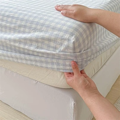 1入組格子圖案床笠，臥室現代織物床笠