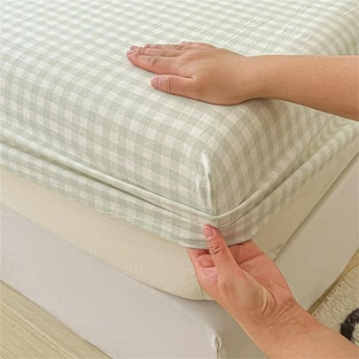 1入組格子圖案床笠，臥室現代織物床笠