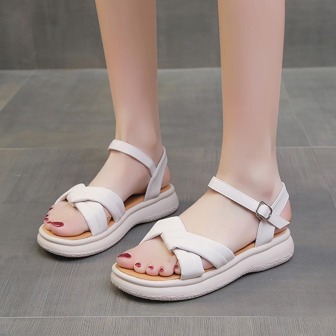 Women Twist Detail Buckle Decor Sandals, Elegant Beige Ankle Strap Flatform Sandals For Summer