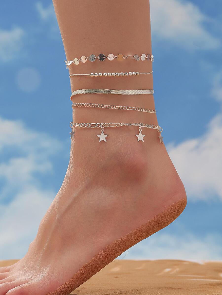 5入組/套時尚鋅合金星形墜飾腳錬適合女士日常裝飾 - 銀色 - 查看 1