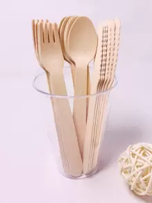 18pcs Disposable Wooden Cutlery Set For Birthday Party Dessert And Cake, 2 Sizes Available: 14cm/16cm - Beige - View 1