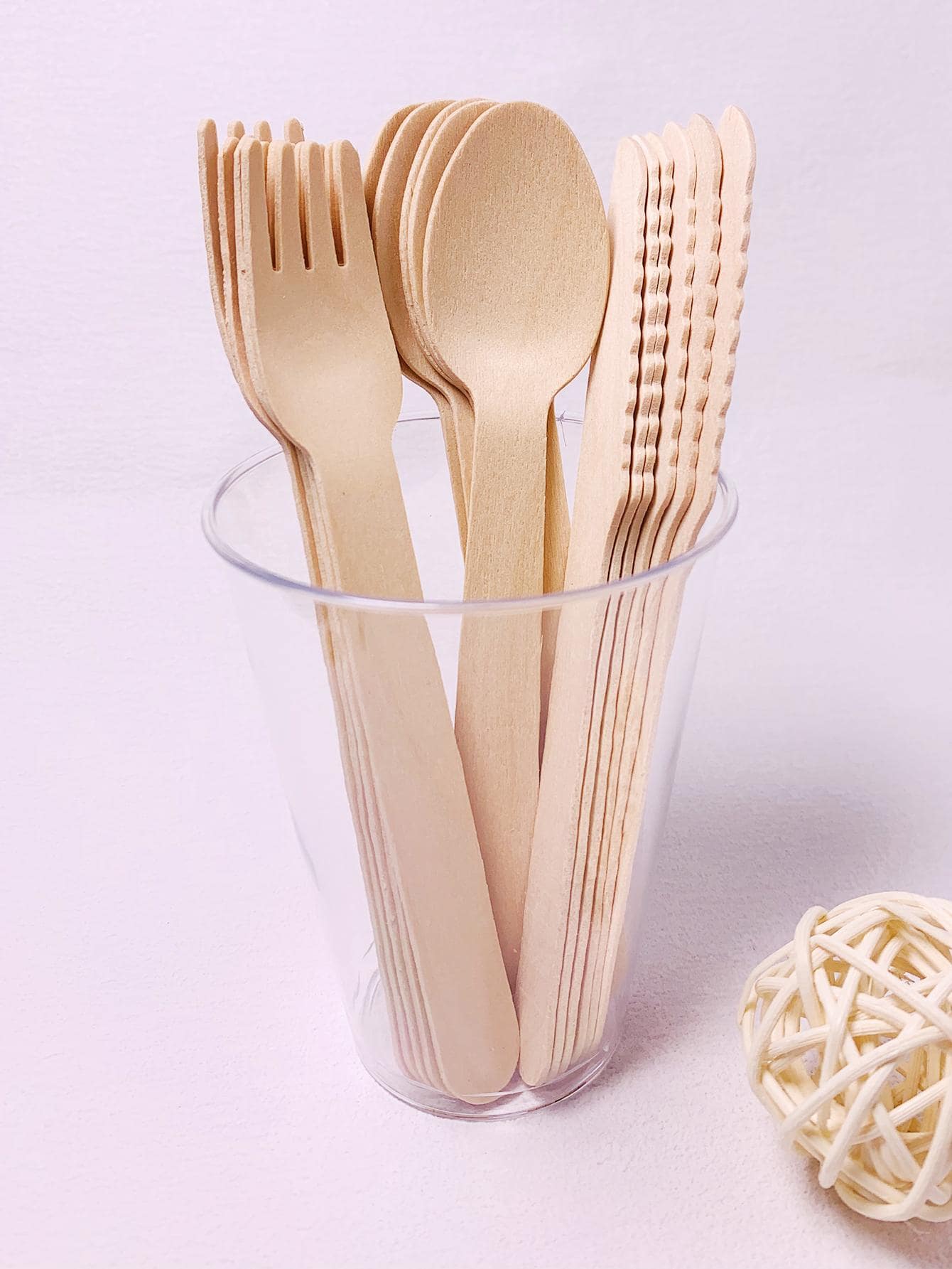 18pcs Disposable Wooden Cutlery Set For Birthday Party Dessert And Cake, 2 Sizes Available: 14cm/16cm - Beige - View 1
