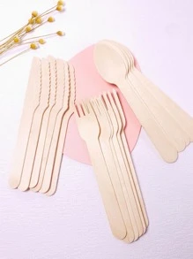 18pcs Disposable Wooden Cutlery Set For Birthday Party Dessert And Cake, 2 Sizes Available: 14cm/16cm - Beige - View 4