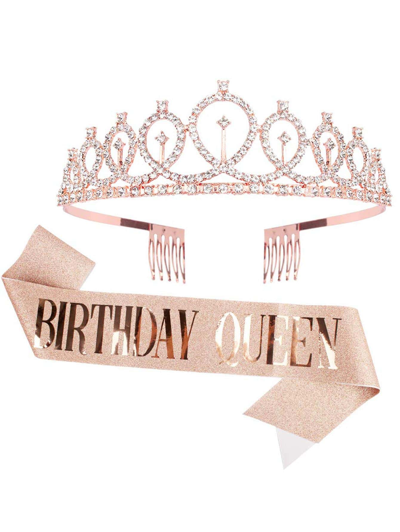 2pcs Rhinestone Decor Crown & Sash Set, Modern Birthday Party Crown & Sash Set For Birthday Party,Christmas - Rose Gold - View 1