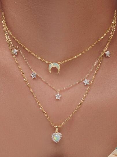 Strass Star & Moon Charm Layered halsband