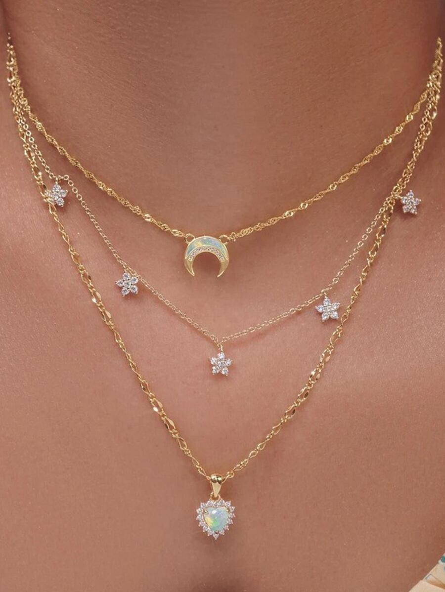 Rhinestone Star & Moon Charm Layered Necklace